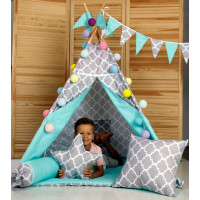 Вігвам Хатка комплект Сонце Бірюза з сірим з подушкою - Малятко