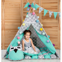 Вігвам Хатка комплект бонбон Сонце Бірюза з сірим з подушками - Малятко